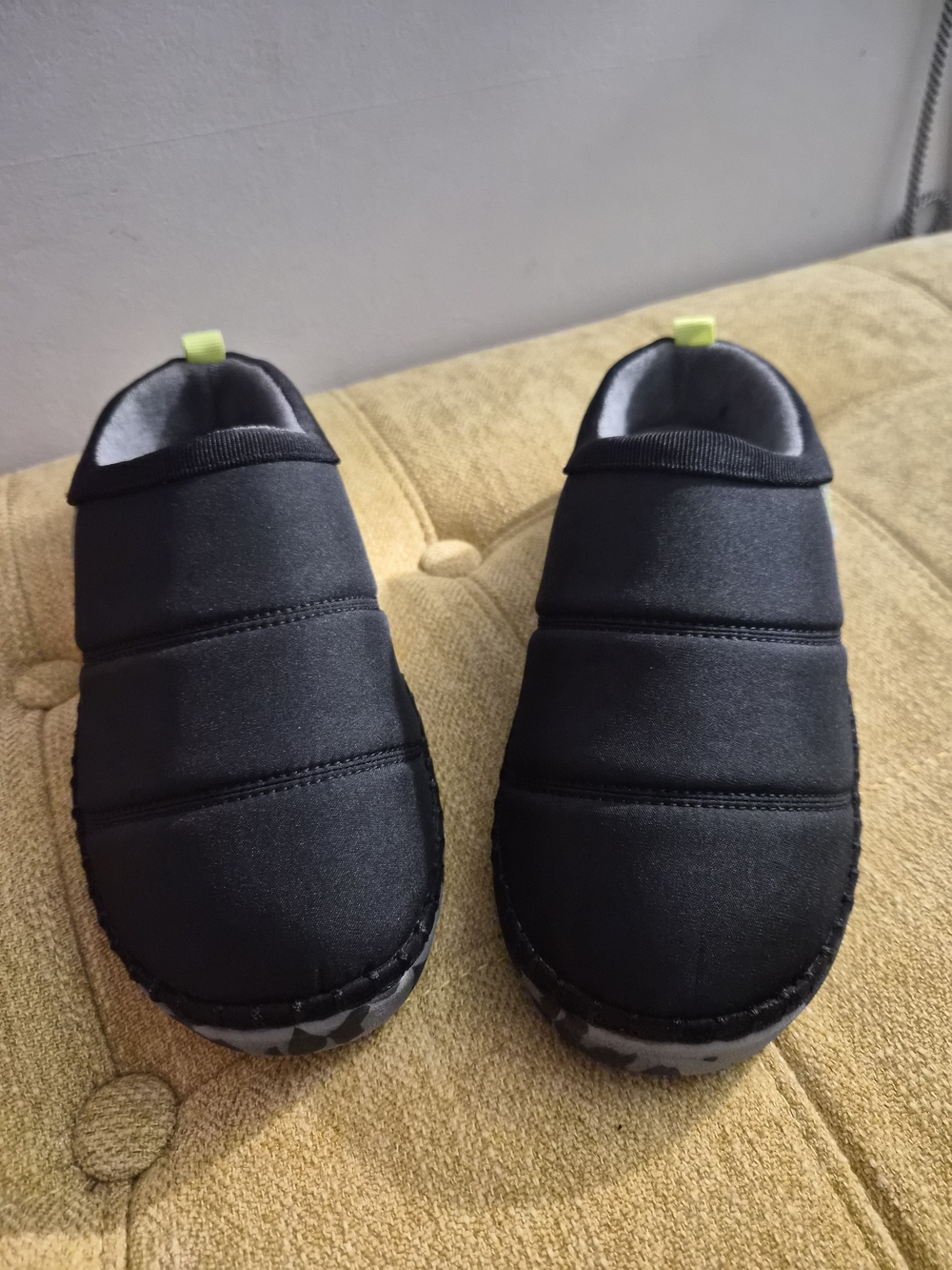 Dr. Scholl's Black Slip-On Quilted Mules with Lime Pull Tab